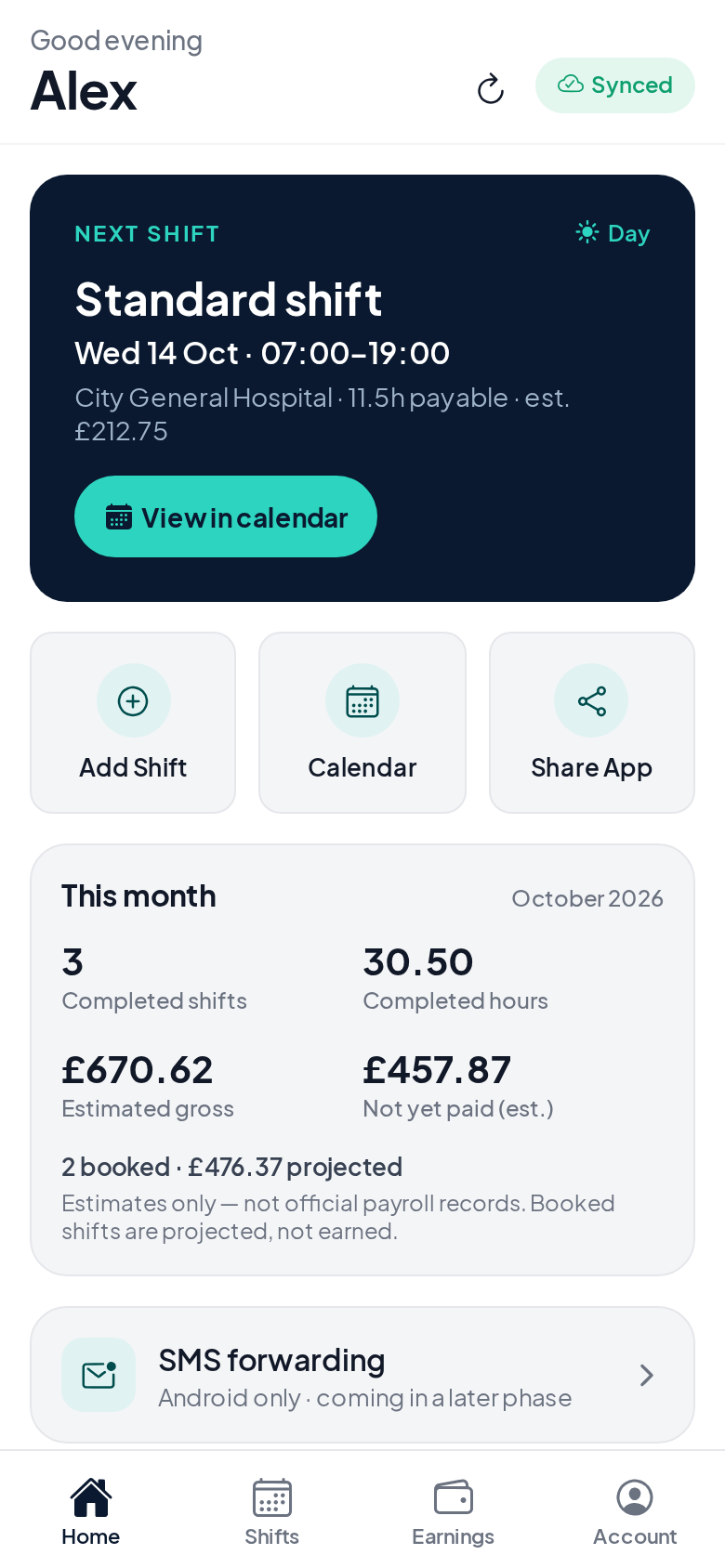 AfikShift home screen showing the next shift and this month's summary